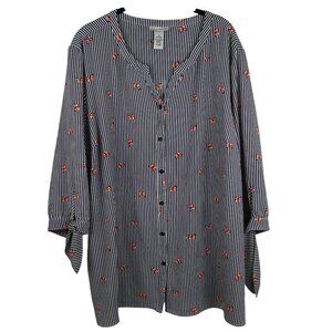 Catherines Butterfly‎ Print Button-Up Blouse Womens 2X 22 24W Embroidered Stripe